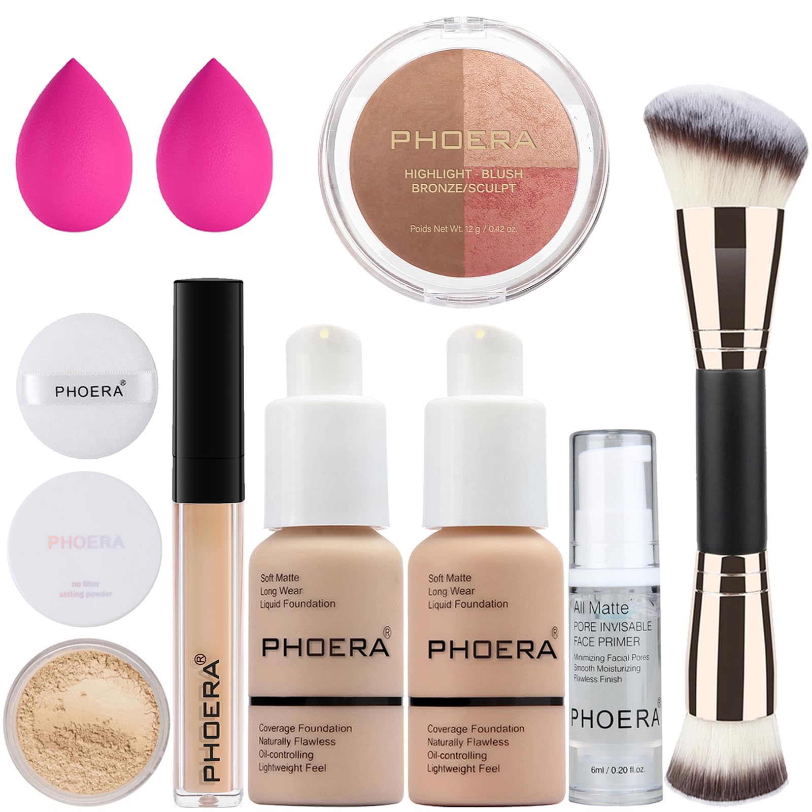 PHOERA Foundation, PHOERA Contour Palette,Shades with Highlighter & Bronzer & Blush,Up to 24 Hour Fresh Wear (102+103+ #002 Contour/Nude+Warm peach+#002)