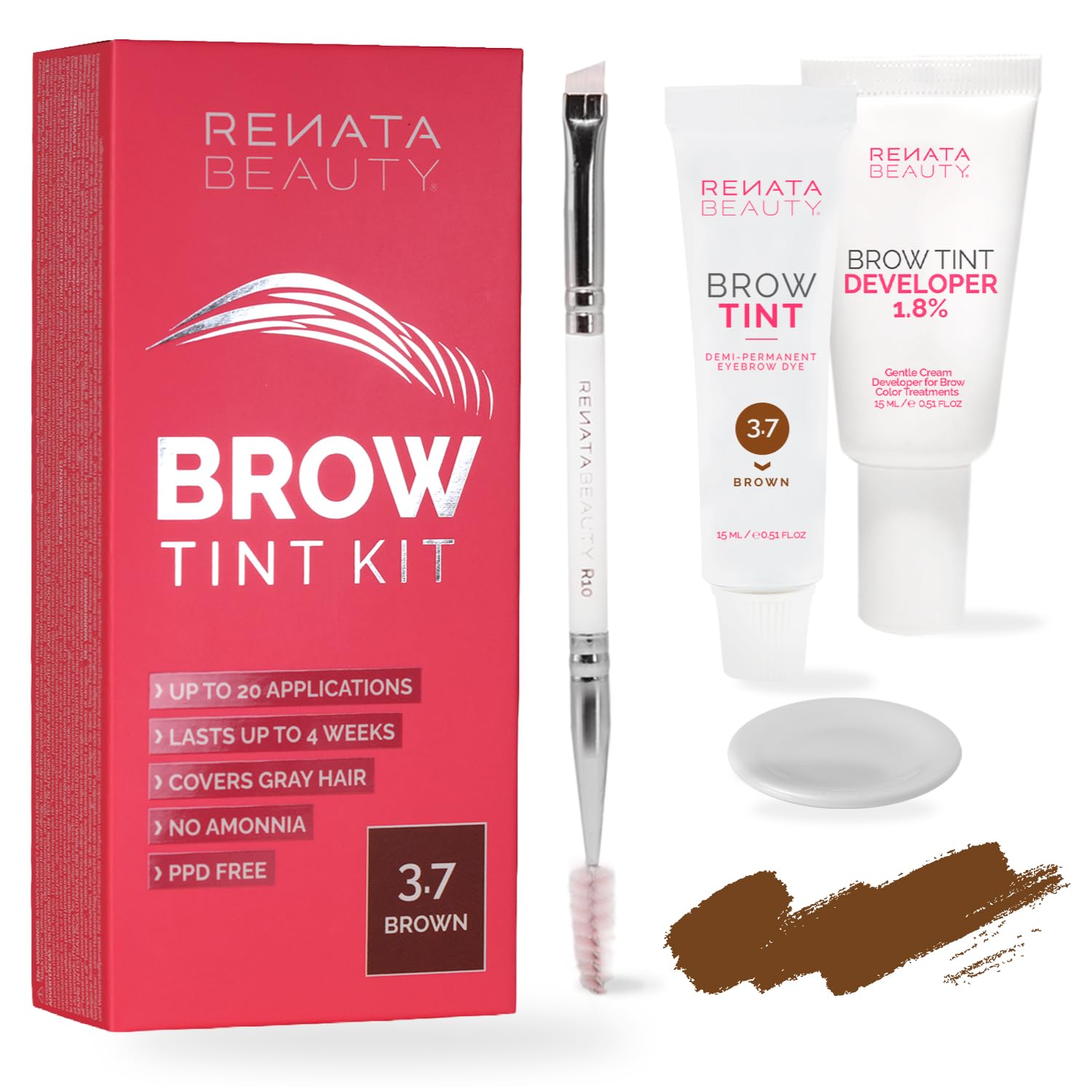 RB RENATA BEAUTY Brow Tint Kit – Eyebrow Tint Set – Dye Kit with Color Tint, Cream Developer and Styling Brush – Long-Lasting Effect Up to 4 Weeks – 30 Applications [Brown]