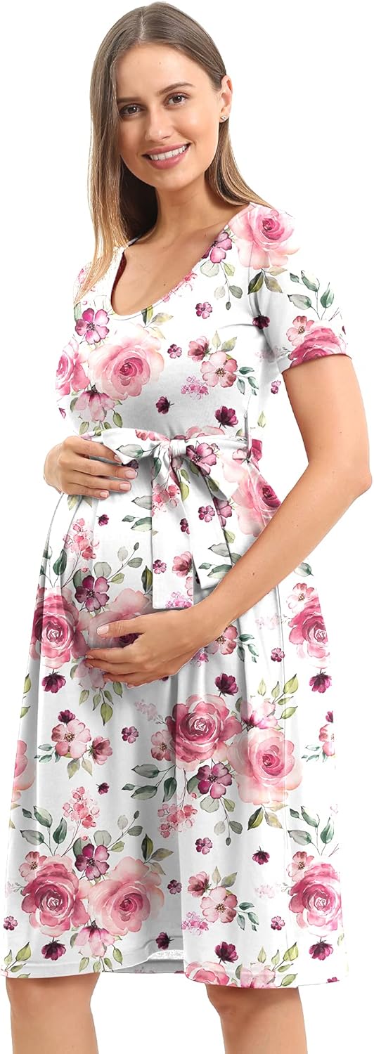 SUNNYBUY Women's Maternity Dress Casual Maternity Swing Dress Pregnancy Clothes Knee Length with Belt at  Women’s Clothing store