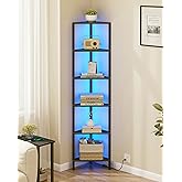 TUTOTAK Corner Shelf with LED Light, 6-Tier Corner Bookshelf | for Small Space, Narrow Display Corner Shelf Stand with Storage Rack, for Living Room, Bedroom, Black BS05BK006L