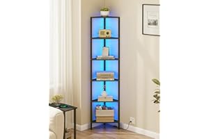 TUTOTAK Corner Shelf with LED Light, 6-Tier Corner Bookshelf for Small Space, Narrow Display Corner Shelf Stand with Storage Rack, for Living Room, Bedroom, Black BS05BK006L
