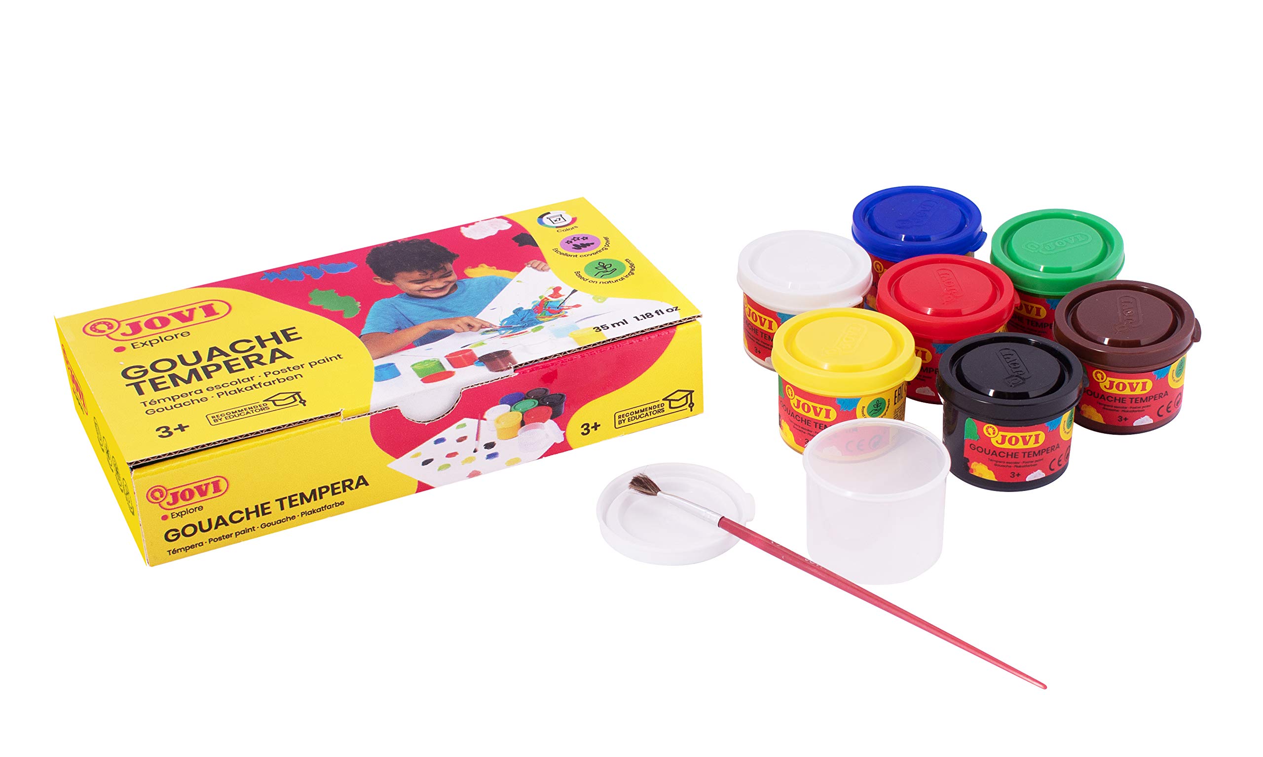 Jovi - School Tempera, box with 7 pots of 35ml, Assorted Colors, washable paints for kids with brush