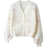 OYOANGLE Girl's Butterfly Appliques Button Down Cardigan Sweater Lantern Long Sleeve V Neck Knitted Outerwear