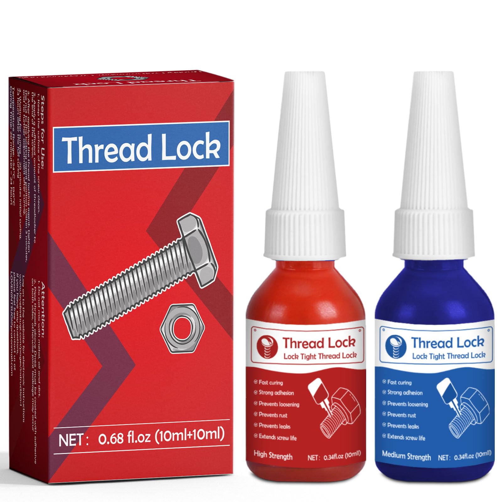 Thread Lock Medium and High Strength Lock, 10ml x 2 locktight threadlock, Threadlocker Fasteners and Screws from Loosening Due to Prolonged Vibration, Stable and Anti-Rust