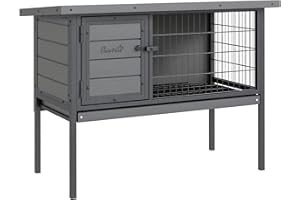 PawHut Rabbit Hutch Elevated Bunny Cage Small Animal Habitat with Metal Frame, No Leak Tray, Metal Wire Pan and Openable Water-Resistant Asphalt Roof for Indoor/Outdoor Gray