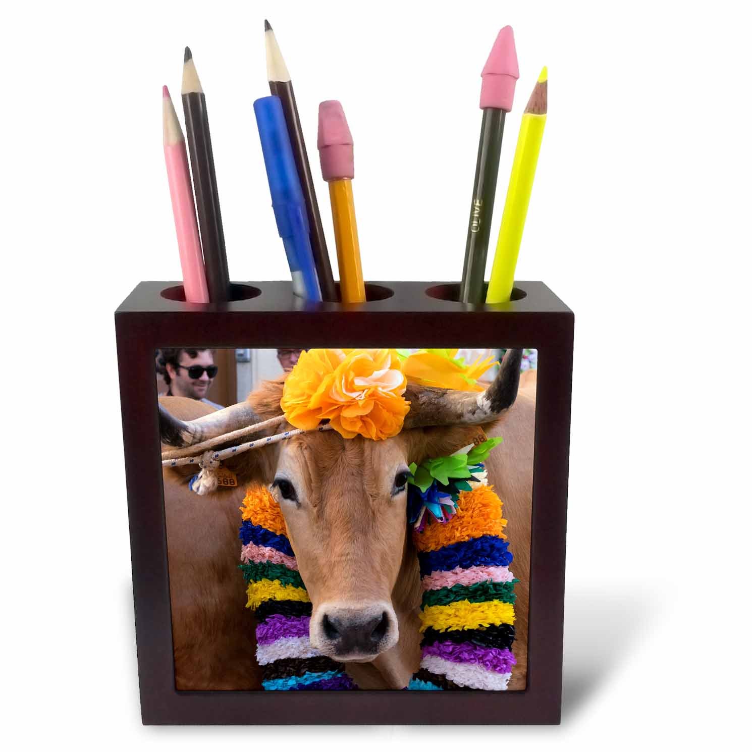 3dRose ph_249412_1 5-Inch "Portugal/Tomar/Santarem Trays Festival/Colourfully Decorated Cow" Tile Pen Holder