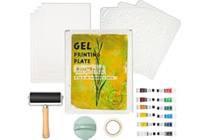 BuzzBright Gel Printing Plate kit, Complete Printmaking Set with 8”X10” Gelatin Plate, Brayer, Printmaking Paper, Acrylic Paint and Essential Tools for Mixed Media Art, Monoprinting, Card Making