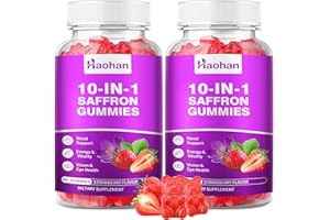 Haohan Saffron Gummies for Kids & Adults - 10-in-1 Supplement with 88.5mg Organic Saffron Extract to Support a Calm Mind & Focus. Sugar-Free, Non-GMO, Strawberry Flavor, 120 Count
