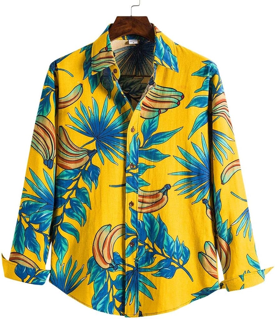 New Men's Fashion Linen Ethnic LongSleeved Casual Print Hawaiian Shirt
