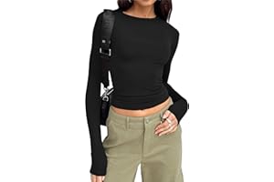 Cioatin Women’s Long Sleeve Round Neck Crop Top Tee Shirt Basic Solid Y2K Tight Slim Fit Cropped Shirt Workout Yoga