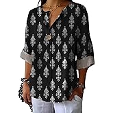 domirica Fashion Shirts for Women Loose Fit Button Down V Neck Blouse 3/4 Sleeves Casual Tunic Tops Summer Outfits