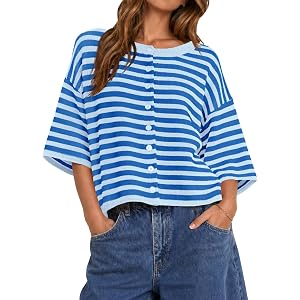 Saodimallsu Womens Short Sleeve Cardigan Cropped Striped Button Down Oversized Lightweight Knit Summer Sweater Tops
