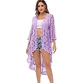 Anna-Kaci Women's Crochet Long Vest Boho Short Sleeve Kimono Cardigan Swimwear Cover up