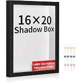 MUXIUNT 16x20 Large Shadow Box Frame with Thickened Acrylic Panel &amp; Pins | With Linen Back, Upgraded 1.7" Deep Black Shadow Box Display Case &ndash; Display on Tabletop or Wall for Jersey,weddings, Keepsake