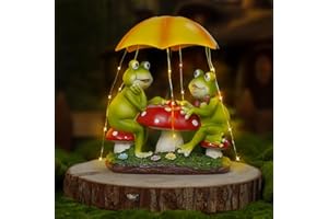 MININOVA Solar Garden Outdoor Decor Statue Frog Figurines Sitting on Mushroom with Umbrella LED String Lights Resin Ornaments for Spring Birthday Housewarming