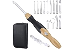 Chuangdi 11 Sizes Winter Lighted Crochet Hooks Set Rechargeable Crochet Hook Light up Hooks with Case, Interchangeable Heads 2.5 mm to 8 mm for DIY Craft Supplies(Wood Color-Black)