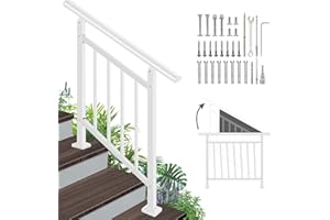 SUNCRAFTS Adjustable Handrails for Outdoor Steps – White Metal Stair Railing with Installation Kit, 3 Steps Handrail or Horizontal Use, Wrought Iron Hand Rails for Outdoor Steps