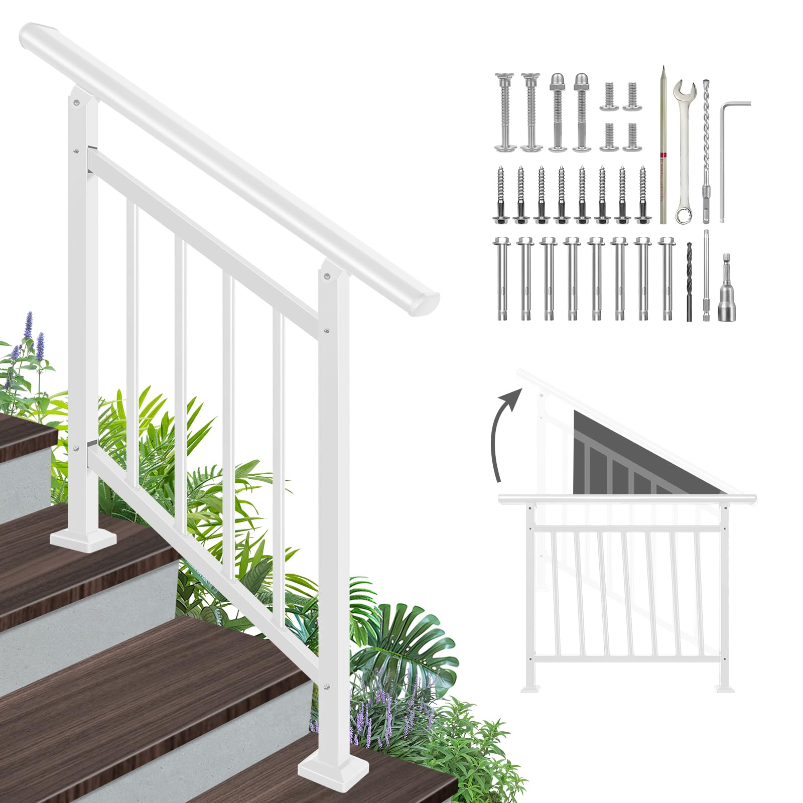 Photo 1 of Adjustable Handrails for Outdoor Steps – White Metal Stair Railing with Installation Kit, 3 Steps Handrail or Horizontal Use, Wrought Iron Hand Rails for Outdoor Steps