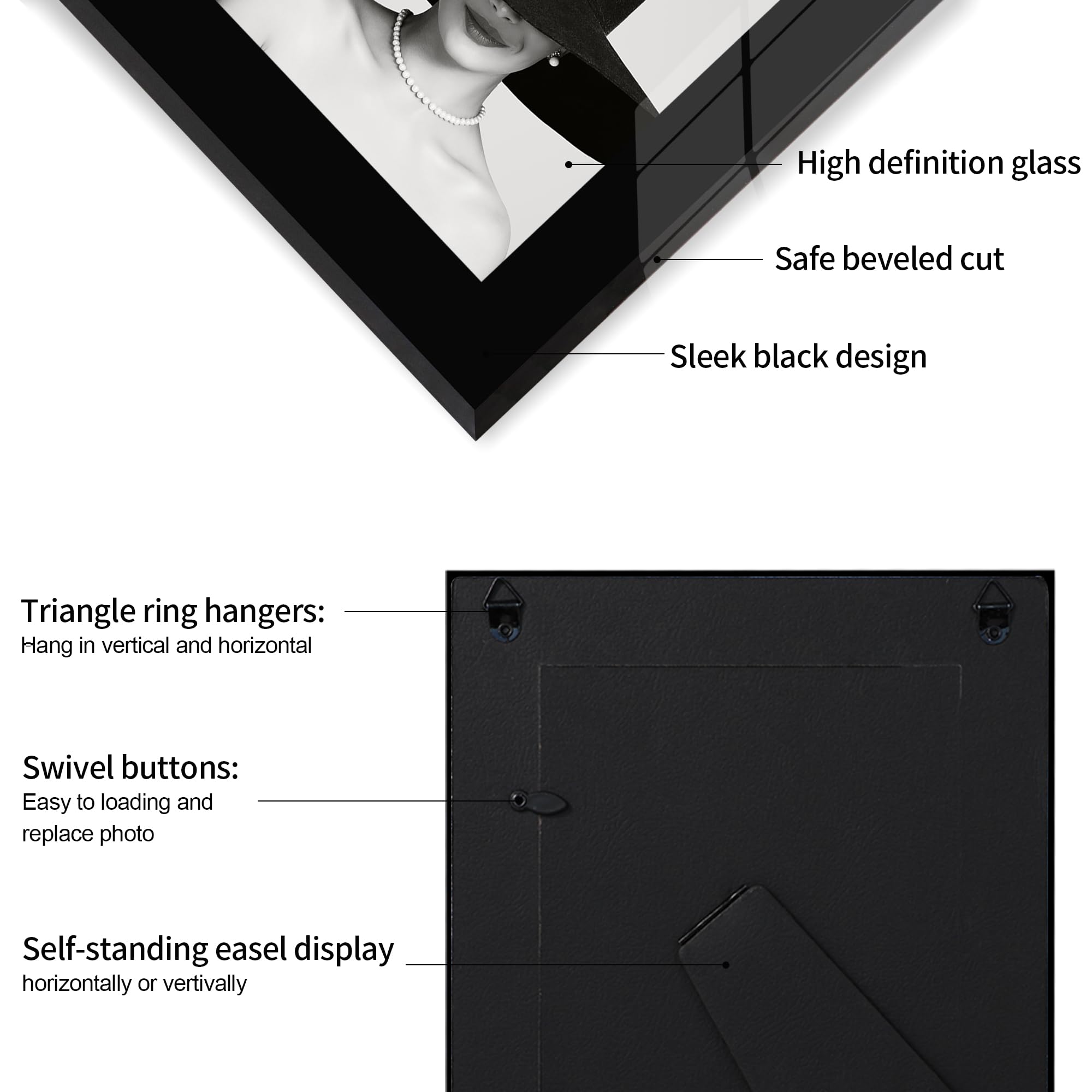 Flocey 3.5x5 Glass Picture Frame Set of 2, Black Photo Frame for Tabletop or Wall Display Vertically or Horizontally