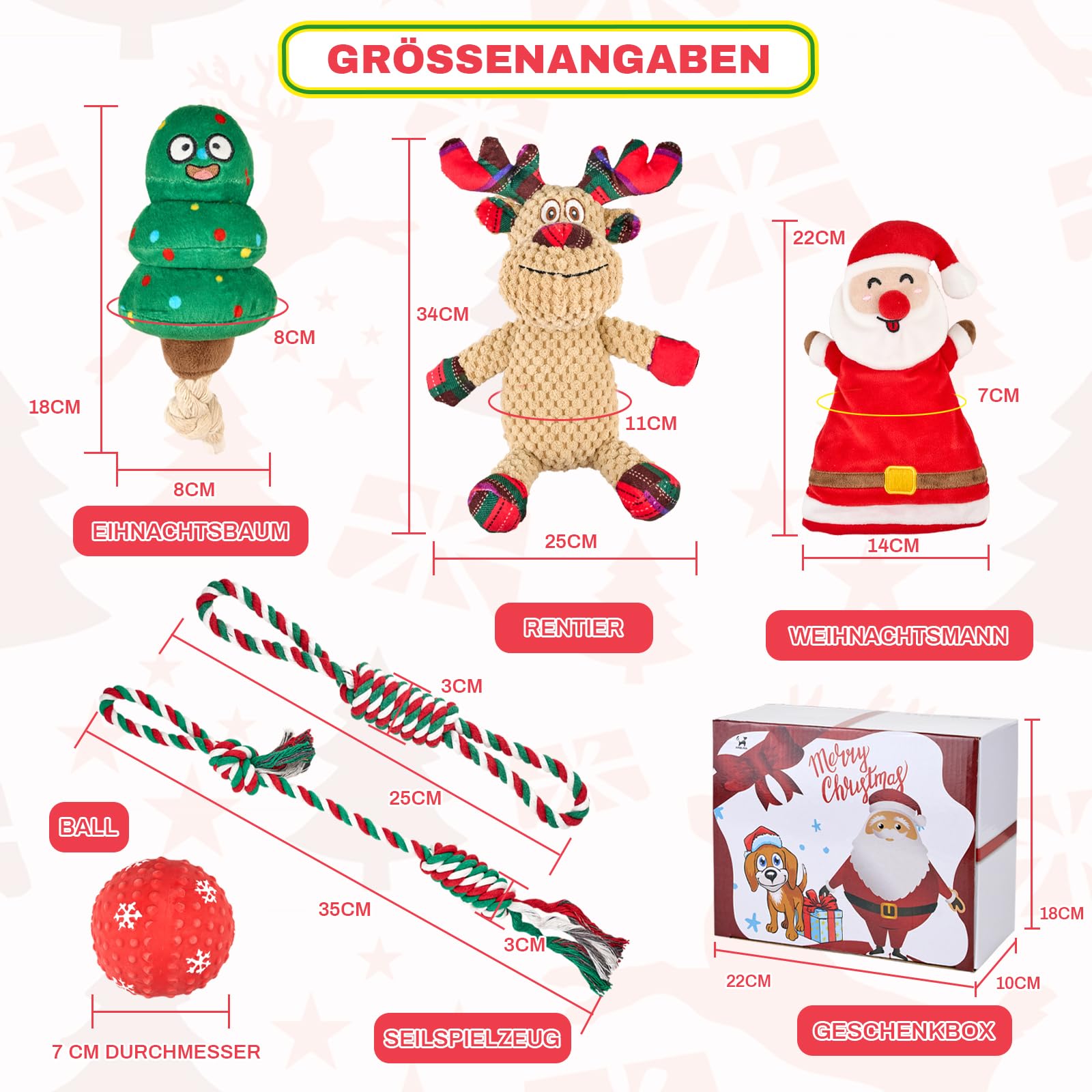 Arblina Hundespielzeug Weihnachten, Weihnachtgeschenke-Set (6er-Pack) für Kleine&Große Hunde, Interaktive Hundespiele mit Quietschspielzeug, Seilspielzeug, Gummiball und Plüschtier-Spielzeug