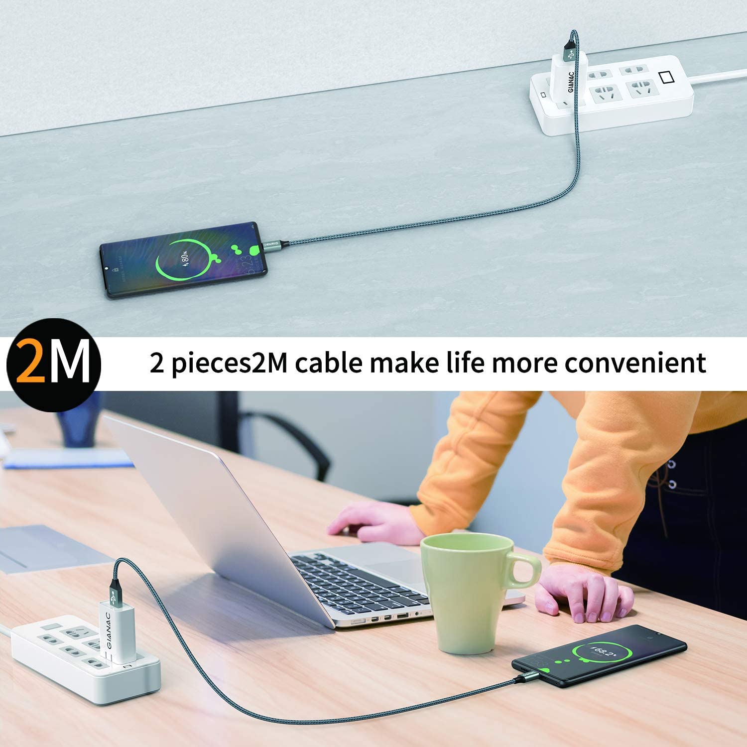 GIANAC USB C Kabel, [2 Stück 2m] 3.1A ladekabel USB C Schnellladung und Synchronisierungskabel USB C für Samsung S10/S9/S8te 10te 9, Huawei P30/P20/Mate 20, Sony Xperia 6