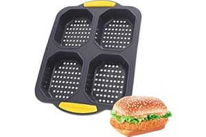Welhammsae Hamburger Bun Mold, 4 Cavity Non Stick Silicone Baking Pans, Reusable Perforated Silicone Baking Tray for Baking H