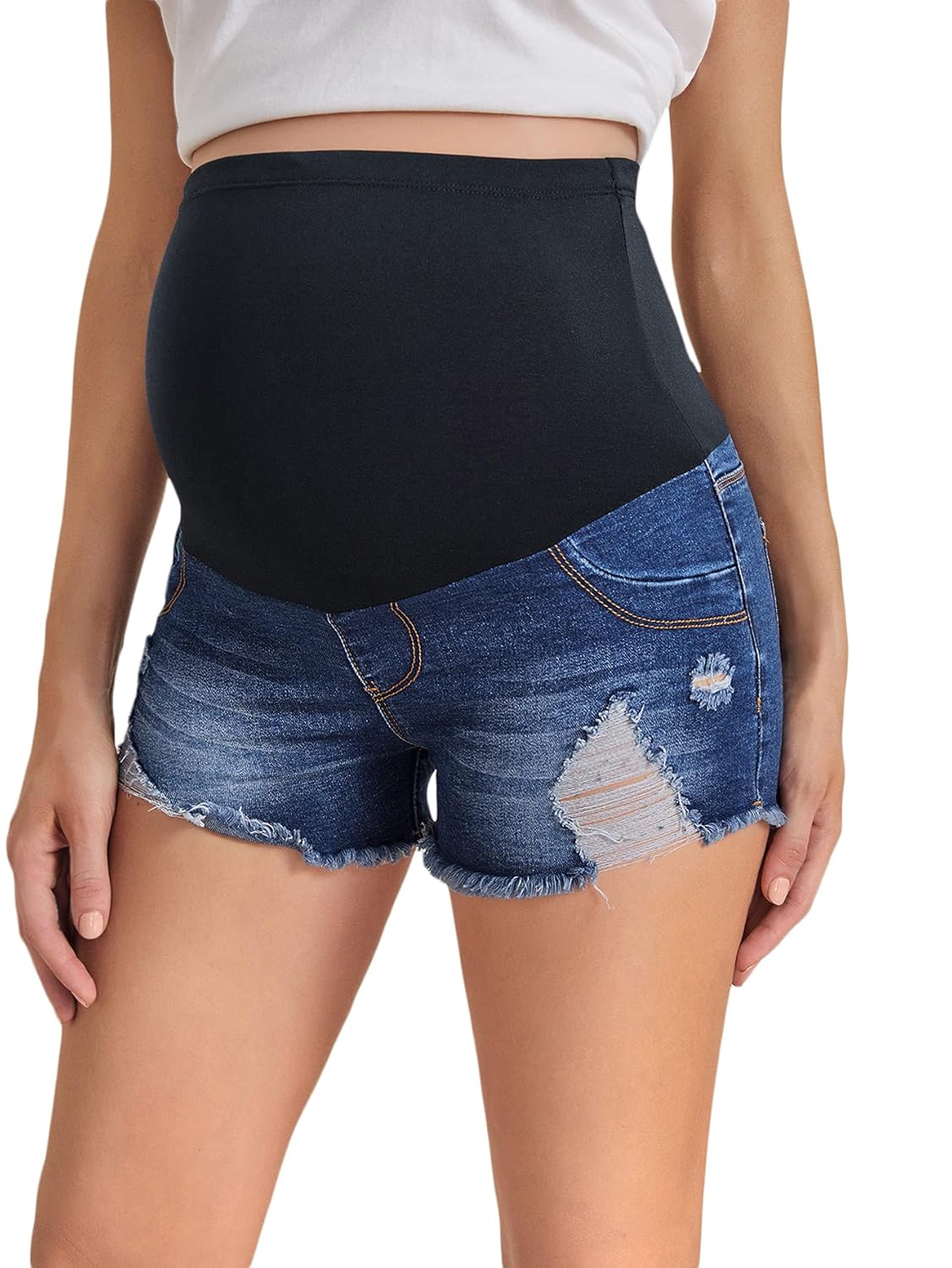 Buy MakeMeChic Women's Maternity Denim Shorts Over The Belly Wide Elastic Band Summer Pregnancy