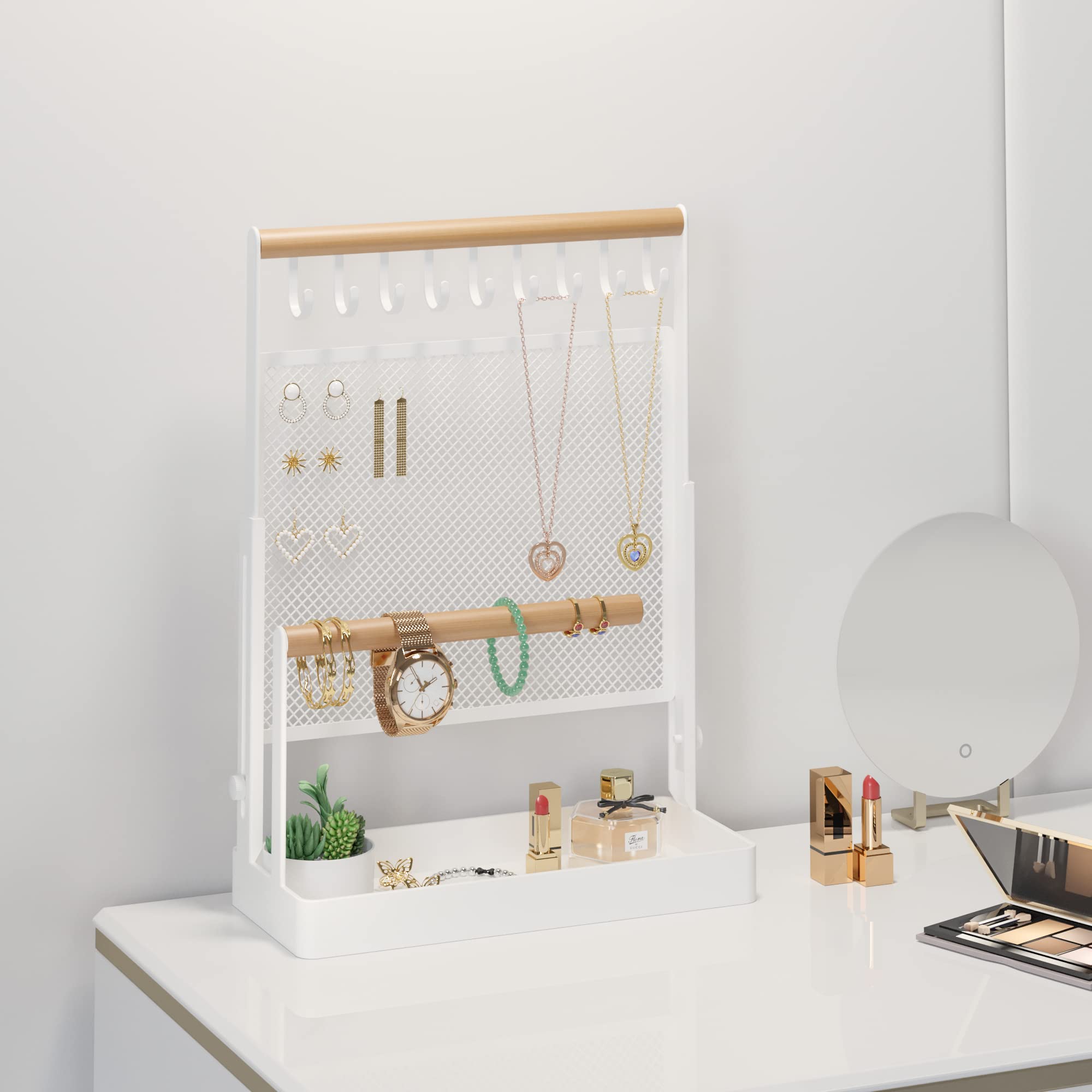 Jewelry Organizer Stand, Liftable Necklace Holder with Earring Organizer Net, 9 Hooks Necklaces Storage Wooden Handing Bar for Bracelets Watches Rings (White)