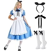 fhjax Halloween Costumes for Girls, Blue Dress White Apron with Stockings Bow headband and Tie Set for Cosplay Party