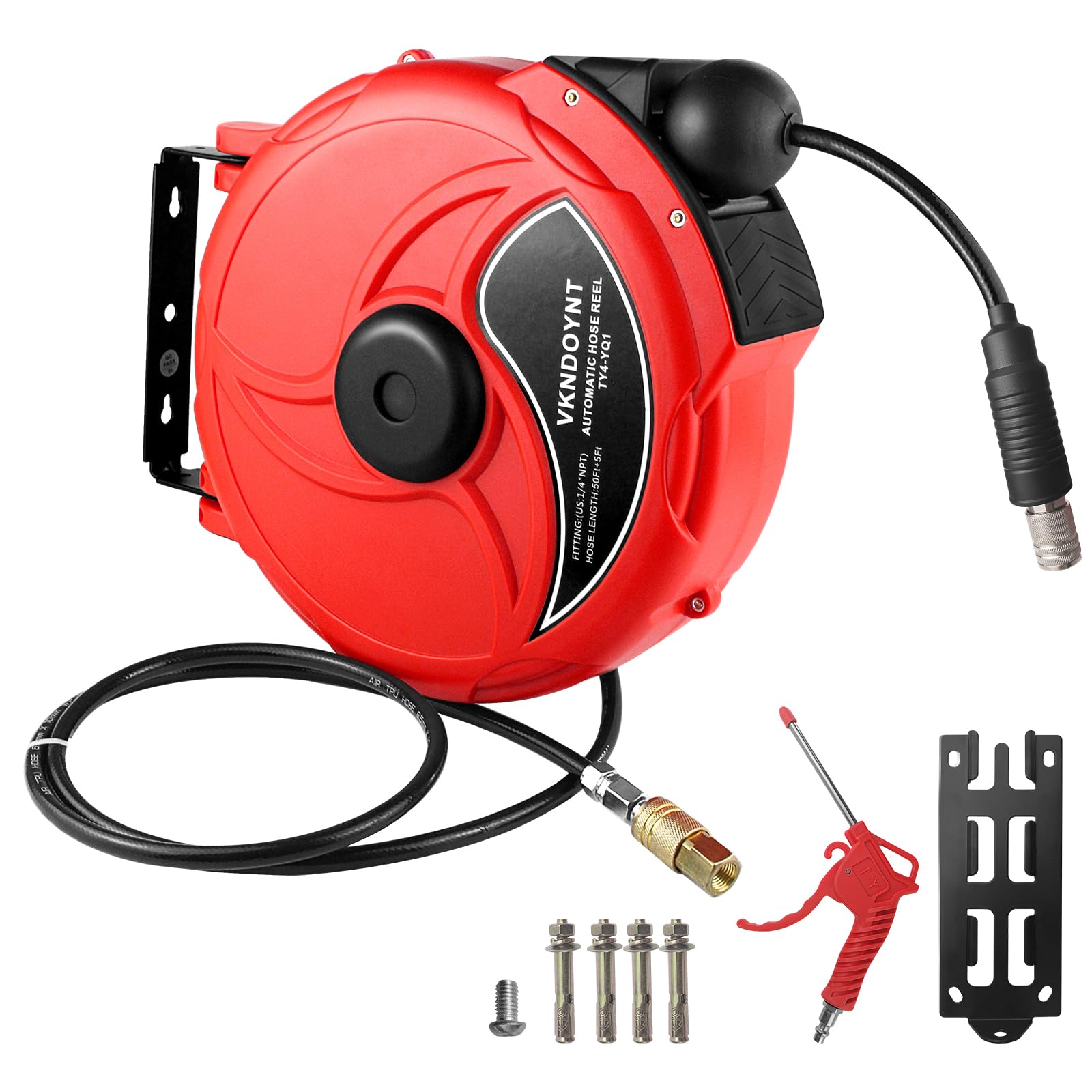 Photo 1 of Retractable Air Hose Reel, 1/4 in x 50 FT Hybrid Polymer Hose, Air Compressor Hose Reel with 5 ft Lead in, Ceiling/Wall Mount Enclosed Air Reel, 180° Swivel Mount, Red/Black