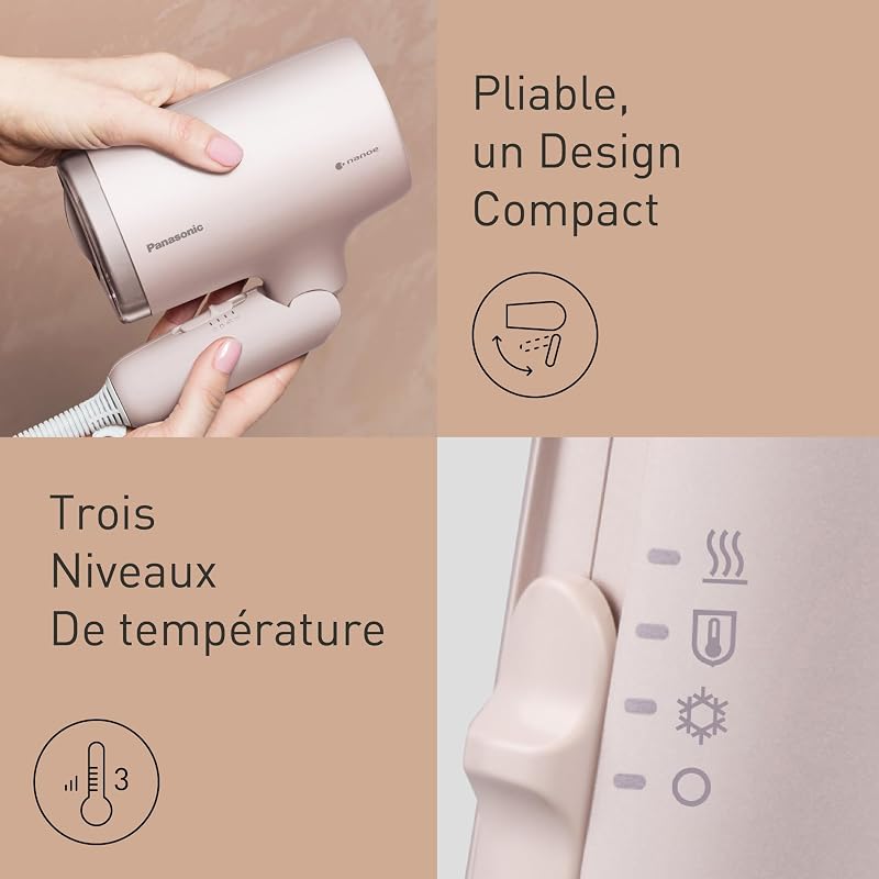 EH-NA7M-P825 Sèche-Cheveux Nanoe pour des Cheveux Brillants, Design Pliable, Séchage Rapide, Accessoire Concentrateur, 1600W, Rose Clair