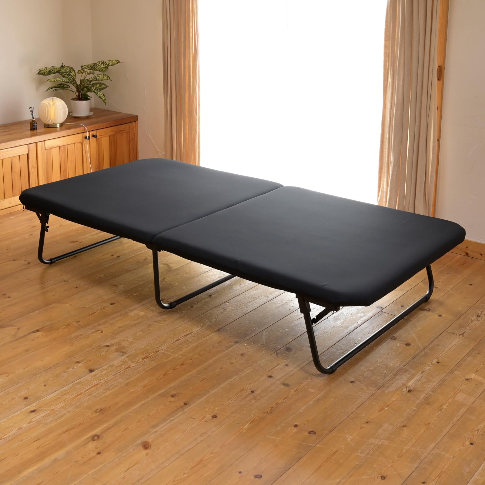 山善(YAMAZEN) 折りたたみベッド【完成品】シングル 耐荷重200kgマットレス スタンダードタイプ 幅98×奥行195×高さ38cm ベッドフレーム 組立不要 一人暮らし ブラック/マットブラック PB-97195U(BK/MBK)商品画像