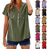Womens Cotton Linen Shirts V Neck Short Sleeve Blouses Loose Collared Button Down Shirt Casual Comfort Work Tops