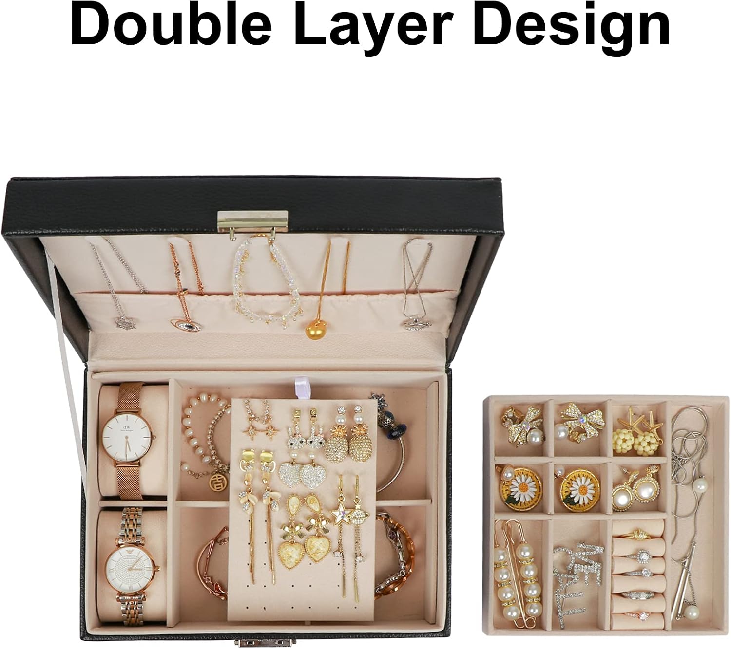 AerWo Jewelry Box for Women, 2 Layer Jewelry Holder PU Leather Jewelry Boxes & Organizers, with Lock and Removable Tray, Jewelry Cases for Storage and Display Rings Necklace Earrings Bracelets Watch: Home Improvement