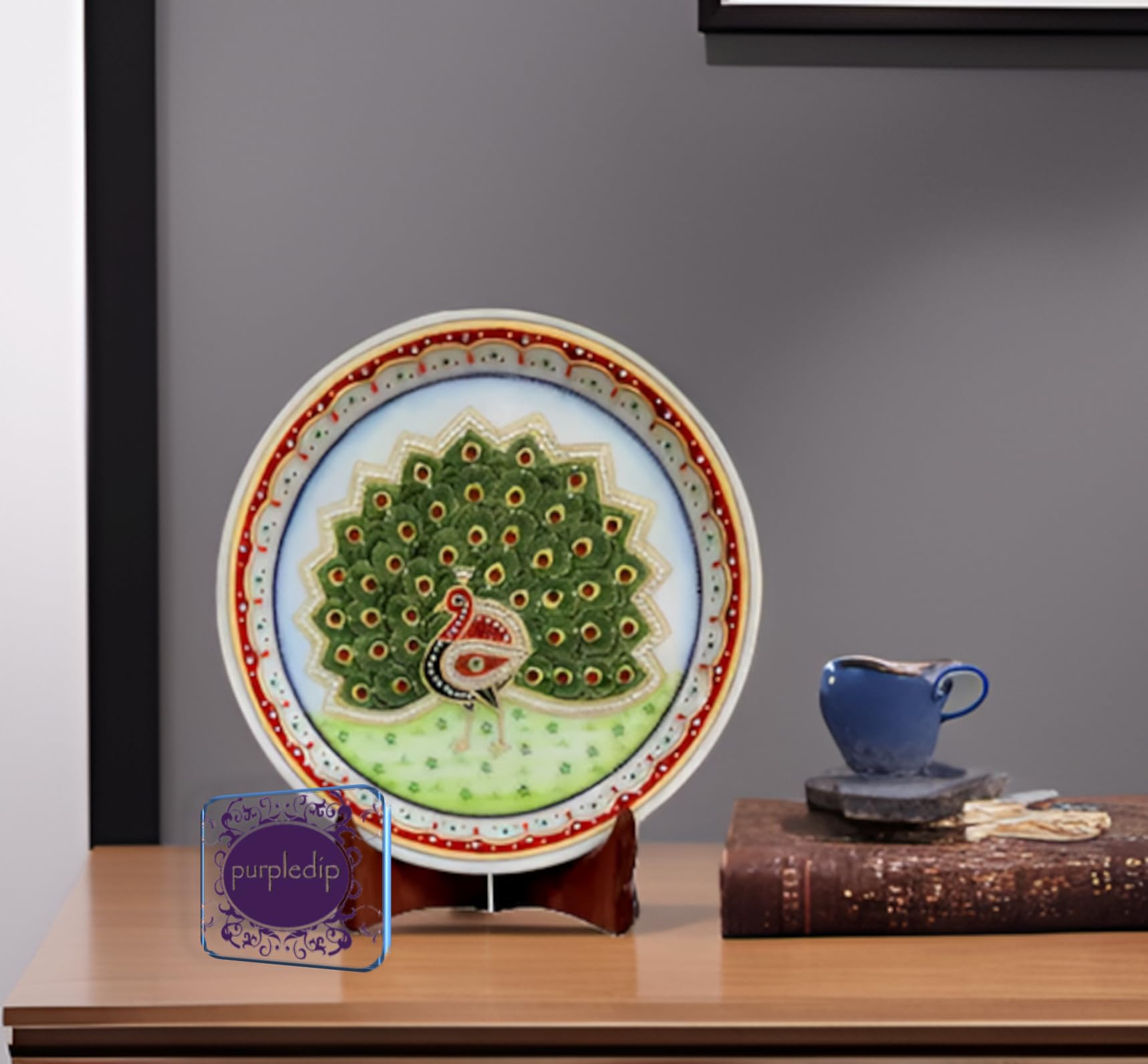 Purpledip Marble Painting Pretty Peacock: Hand Painted Tile with Gold Work & Beads, 9x9 Inches (12095A)