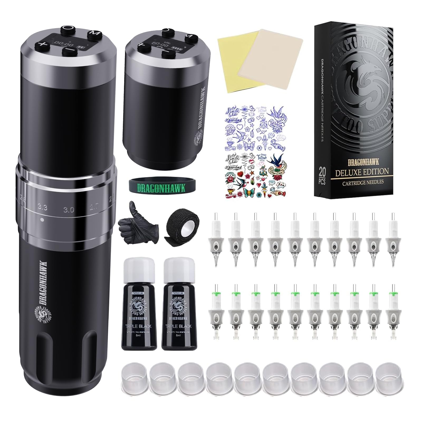 Photo 1 of Dragonhawk Wireless Tattoo Gun Kit, Fold3 Rotary Tattoo Machine Pen with 2 Batteries Power Supply, 20 Count Glide Extra Smooth Needles Cartridges, Adjustable 7 Strokes Length for Beginners