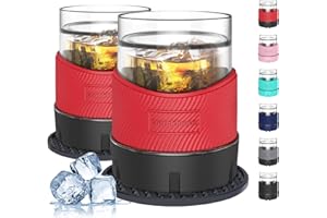 Ourokhome Whiskey Freeze Glasses, Patent Plastic Ice Chiller for Bourbon, Scotch, White Wine, 5 oz Insulated Liquor Tumbler for Men and Women, 2 Sets, with 2 Silicone Cup Mats, Red