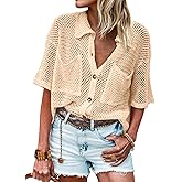 Fisoew Womens Crochet Lightweight Cardigan Sweaters Short Sleeve Summer Button Down Collared Loose Cover Up Shirts