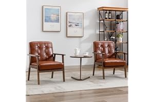 Okeysen Accent Chairs Set of 2, Mid Century Modern Accent Chair, Retro Wood and Leather Armchairs Side Chair, Lounge Reading Comfy Arm Chair for Living Room, Bedroom, Office(Brown)