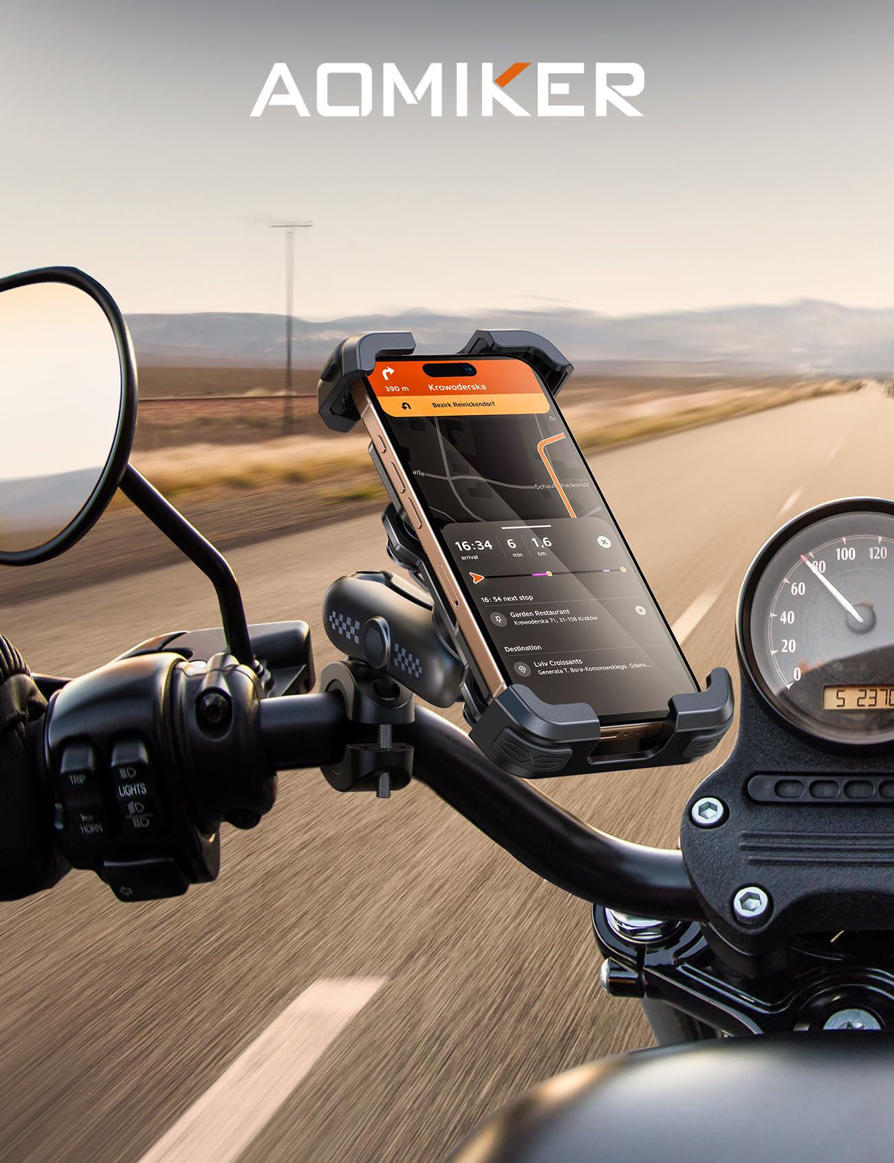 Motorcycle Phone Mount Holder - [Metal Extension Arm] [Dual Vibration Dampener] Motorcycle Cell Phone Mount, Bike Phone Handlebar Clamp for iPhone 16 15 14 13 Pro Max Plus, 4.7-6.7