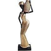 Lescafita African Woman Statue Carrying Basket on Shoulder – Golden Resin Tribal Figurine for Home Decor, Shelf Accent, or Cultural Gift – Elegant Ethnic Lady Sculpture
