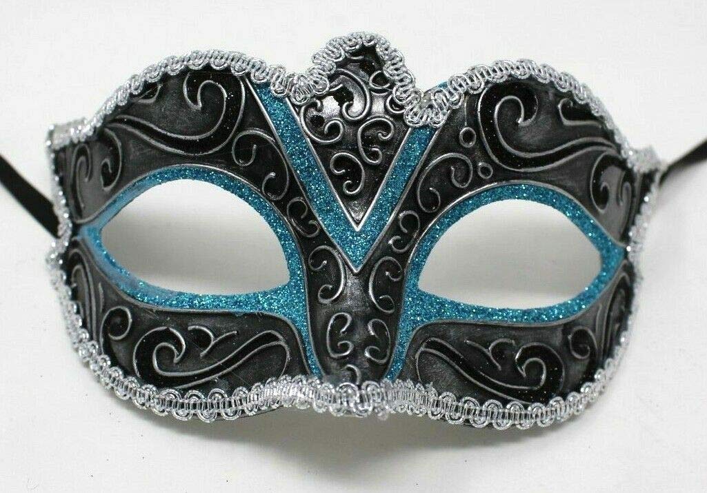 TURQUOISE SILVER & BLACK VENETIAN MASQUERADE CARNIVAL PARTY EYE BALL MASK
