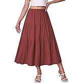 Kingfancy Women's Boho Midi Skirt A-Line Ruffle Elastic High Waist Tiered Flowy Skirts