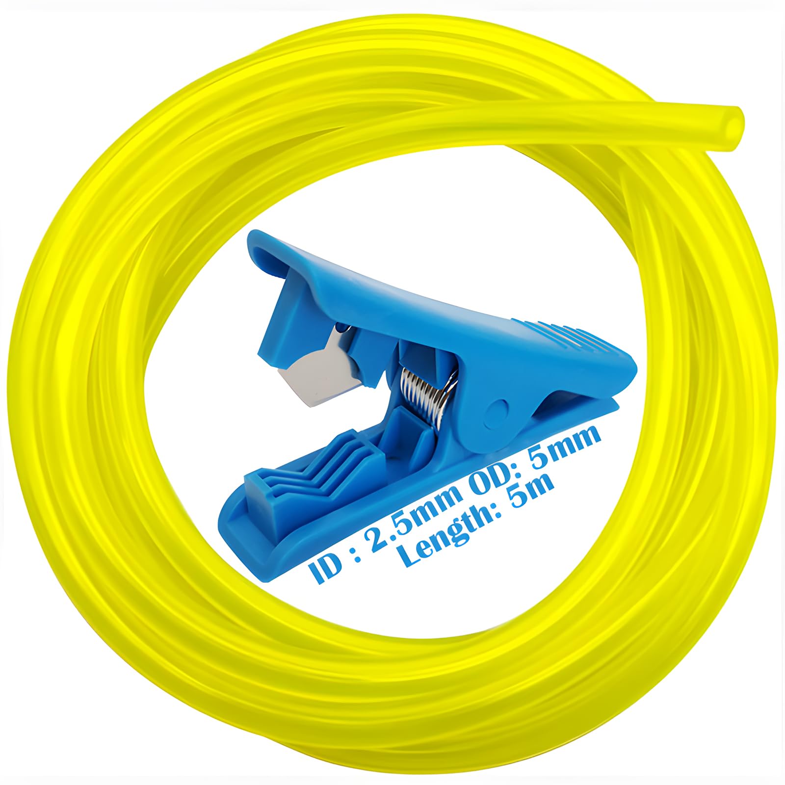 CTRICALVER 2.5x5mm Petrol Pipe, Universal Fuel Line Hose Tube, 5m, Yellow, Polyurethane (PU), with Pipe Cutter, for Mower Strimmer, Chainsaws, Blowers, Pressure Washers