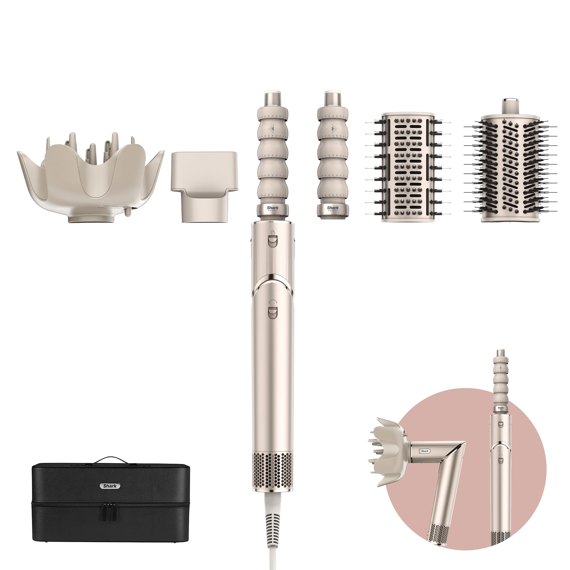 Shark FlexStyle 5-in-1 Luftstyler & Haartrockner, Auto-Wrap-Lockenaufsatz, Paddle-Bürste, Ovalbürste, Konzentrator, Diffusor, Aufbewahrungskoffer, Keine Hitzeschäden, Champagner HD446SLEU
