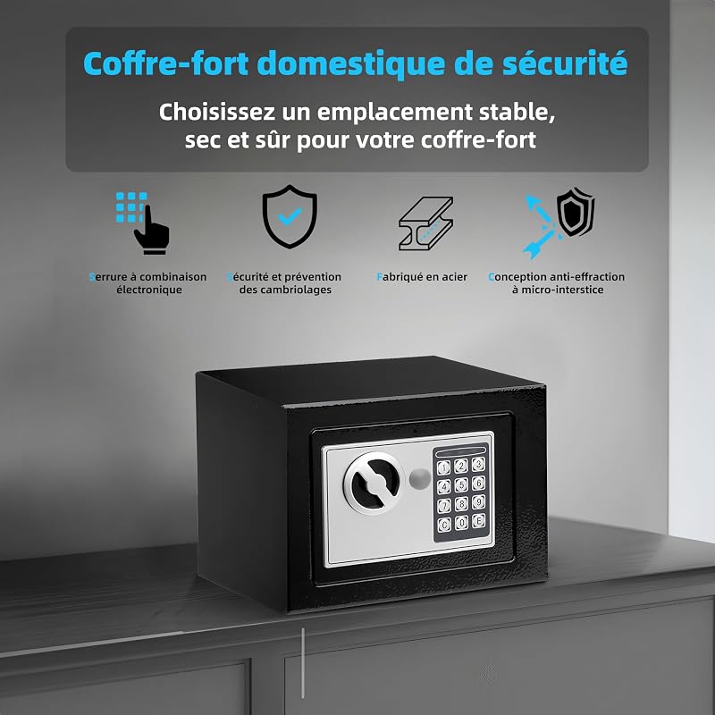 Petit Coffre Fort à Code | Coffre Fort en Acier avec Serrure Électronique à Code de Chiffres | 2 Clés et Code pour Ranger l'argent, Bijoux & Objets de Valeur | 17x23x17cm | Noir