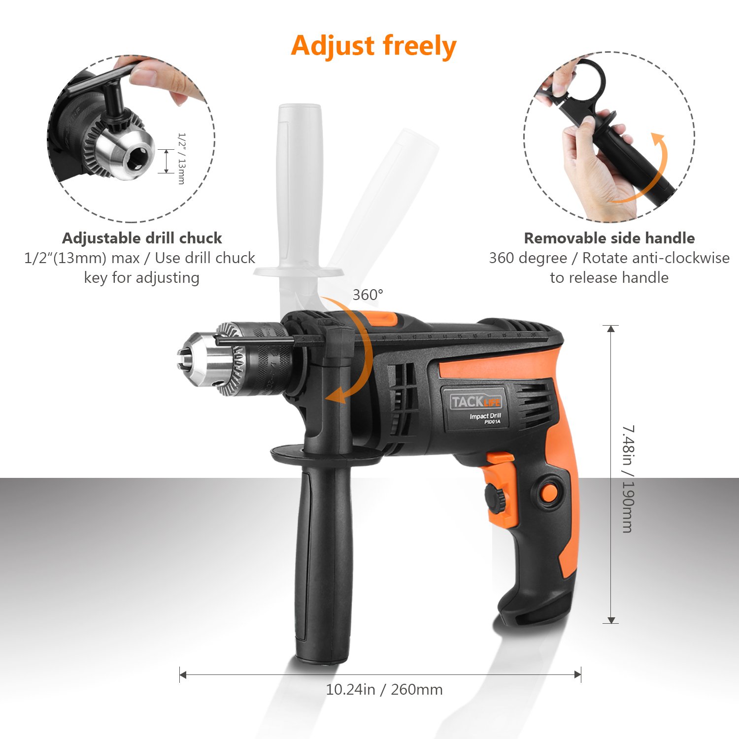 Hammer Drill, Tacklife 1/2In. 2800rpm Dual Drills Mode, Variable Speed Trigger, 360° Reversible