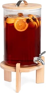 Navaris 7L Glass Drinks Dispenser with Tap & Beechwood Stand for Hot Cold
