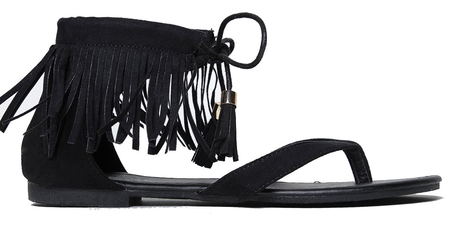 Olivia K Women’s Fringe Lace Up Gladiator Thong Flat Sandals-Casual Dress Low Flat Heel-Great Comfort & Style - Image 3