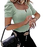 Valphsio Womens Puff Short Sleeve Top Ribbed Knit